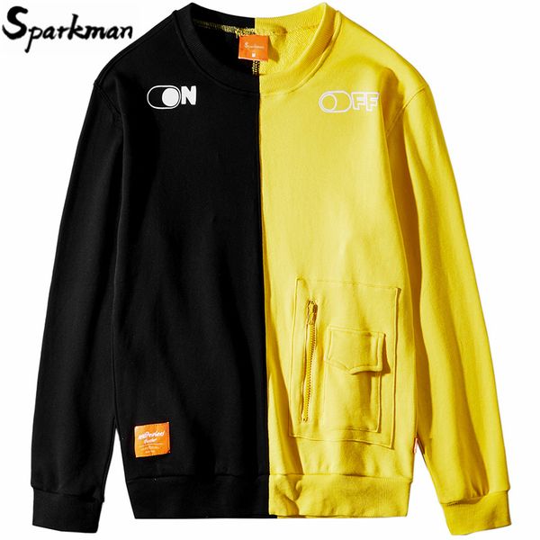 

2019 men streetwear hip hop pullover sweatshirt harajuku color block patchwork pullover hoodie yellow black autumn sweat shirts