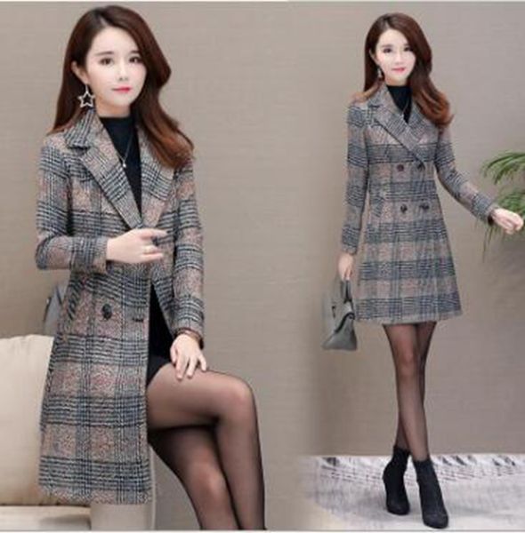 

explosion women's woolen coat long slim slim spring and autumn new thin plaid woolen coat, Black