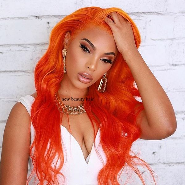 New Celebrity Style Orange Color Hair Wigs Trendy Natural Long Wave Brazilian Hair Wigs Heat Resistant Synthetic Lace Front Wigs For Women