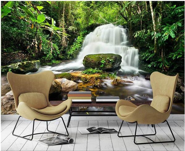 

wdbh custom p mural 3d wallpaper waterfall water green forest background painting home decor 3d wall murals wallpaper for living room