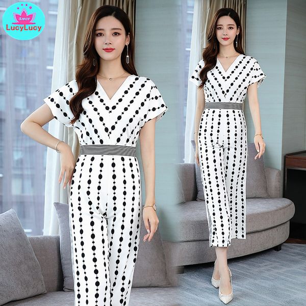 

женский летний 2019 новая волна точка девять точек широкие ноги женщин шифоновый комбинезон обычная точка офис леди, Black;white