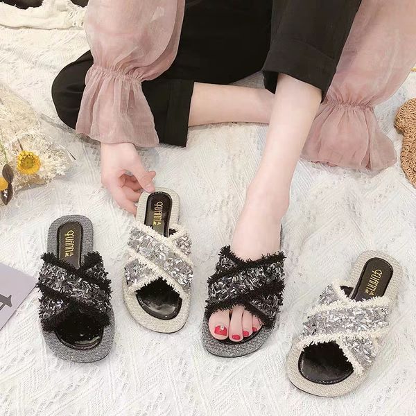 

ins slippers women wear summer 2019 new casual rhinestone cross soft bottom fashion wild net red non-slip wear lazy slippers, Black