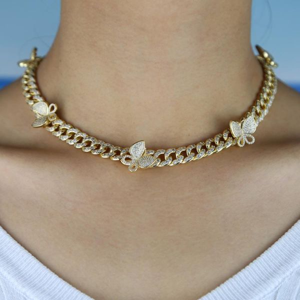 

10mm miami cuban link chain butterfly charm choker necklace iced out bling cz hip hop women cool custom color jewelry, Silver