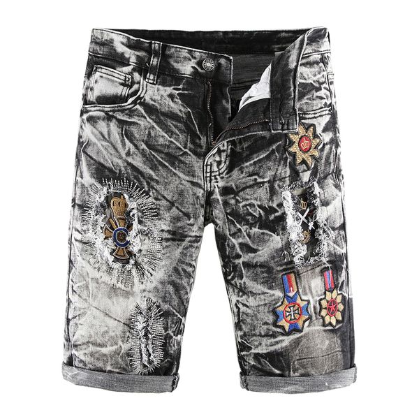 

sokotoo men's tie dyed snow washed badge gray black shorts summer embroidery holes ripped stretch denim jeans, Blue