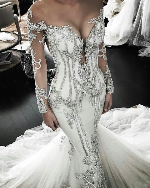 

2020 vintage appliques mermaid wedding dresses off-the-shoulder backless long sleeves mermaid bridal gowns, White