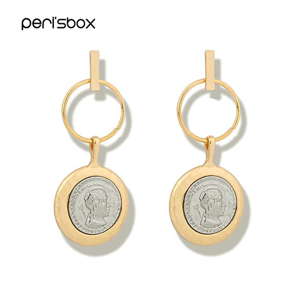 

peri'sbox gold sliver color portrait coin earrings for women minimalist hanging hoop earrings geometric long statement, Golden;silver