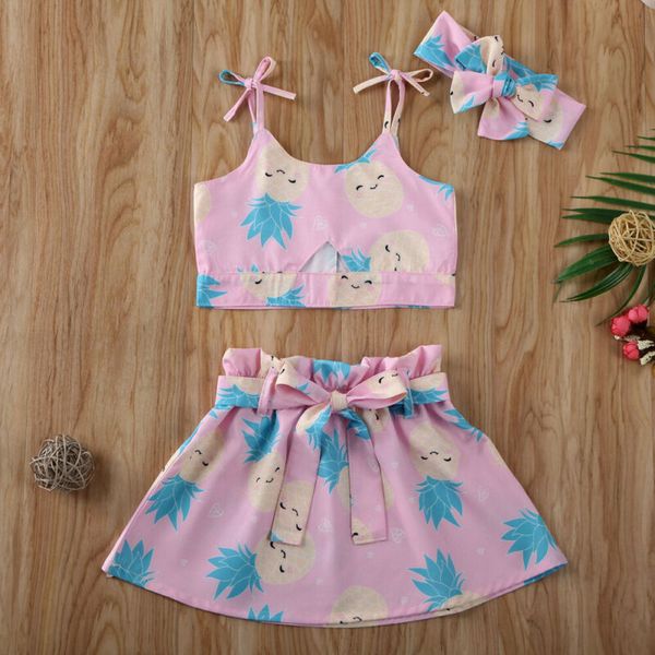 

goocheer 2020 cotton fashion baby girls clothes kid baby girl pineapple print sling +skirt dress+headband clothes sunsuit