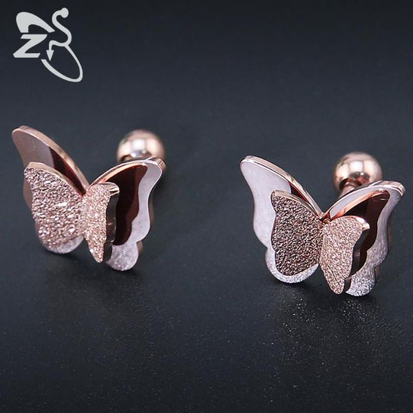 

2017 new butterfly earrings rose gold color stainless steel stud earrings for women child frosted butterfly cartilage ear studs, Golden;silver