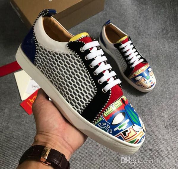 

spring goods men women low shoes r red bottom sneaker men white mesh genuine leather eyes print graffiti shoes, Black