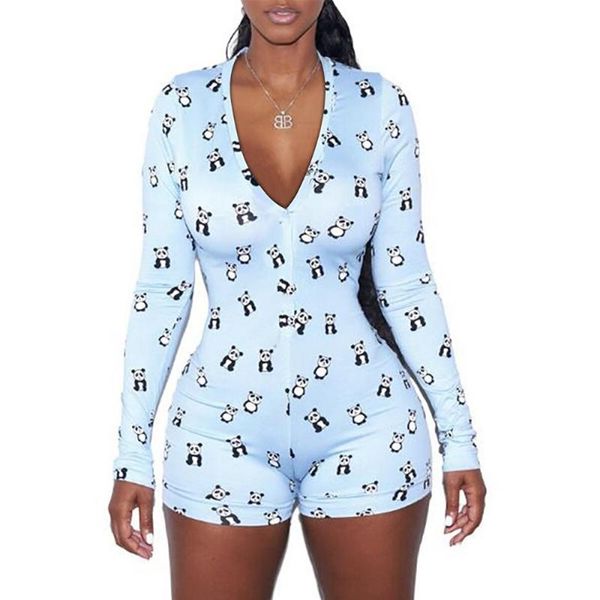

european and american explosive models deep v-neck tight jumpsuit panda printed long-sleeved button jumpsuit, Black;white