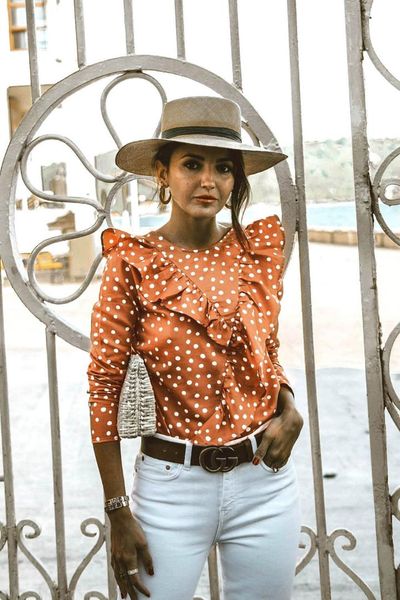 

us 2019 womens polka dot v-back ladies summer ruffled t shirt blouse, White