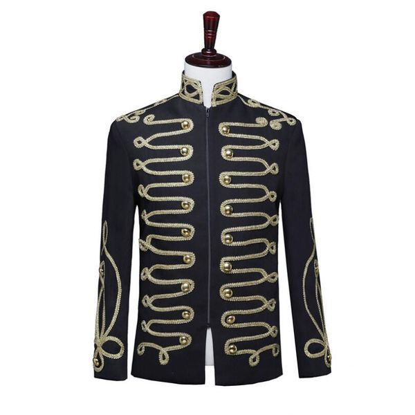 

black gold-plated zipper men's court dress dj multi-button nightclub fashion host jacket hair stylist top, White;black