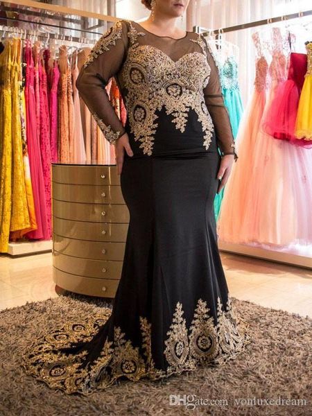 

gold appliques and black sheer mermaid evening dresses plus size full sleeve ladies mother of the bridal dress robe, Black;red