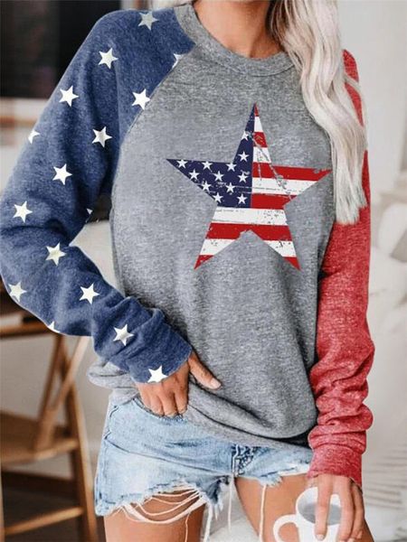 

womens designer patchwork hoodies long sleeve o neck ladies sweatshirts fashion american flag and stars contrast color loose female clothing, Black