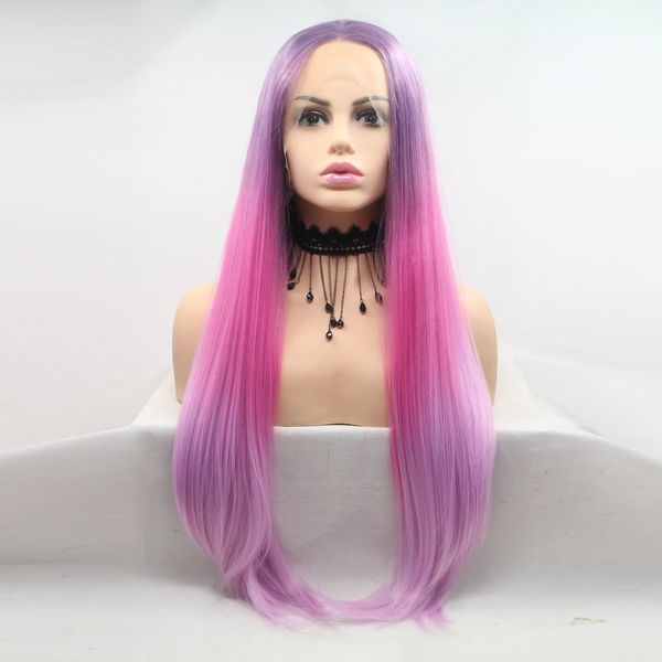

euro-american selling 22 24 inch long straight lace frontal synthetic hair wigs pink and purple ombre color ing, Black