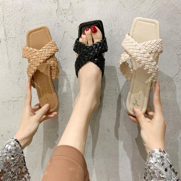 

2020 new fashion weaving summer slippers women casual open toe flat sandals woman comfortable beach slides flip flops, Black