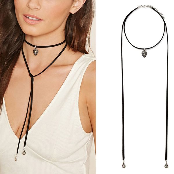 

vintage 2-layer black cord charm retro gothic velvet choker necklace, Silver