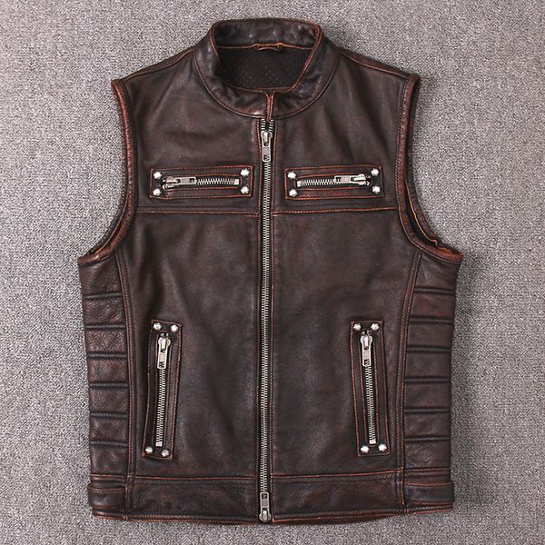 

genuine cow leather vest men's real leather motorcycle biker vest stand collar sleeveless jackets zipper waistcoat, Black;white