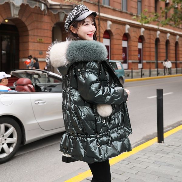 

glossy winter white duck down coat parkas women'sreal fur collar jacket winter new style glossy down jackets long overcoat, Black