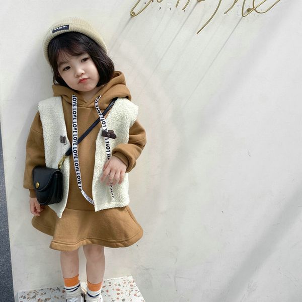 

2019 new winter item girl casual suit including vest+dress 2pcs per set, White