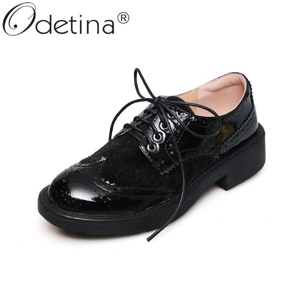 

odetina women fashion block chunky heel lace up brogue shoes female retro round toe cow leather wingtip polka dot oxfords shoes, Black
