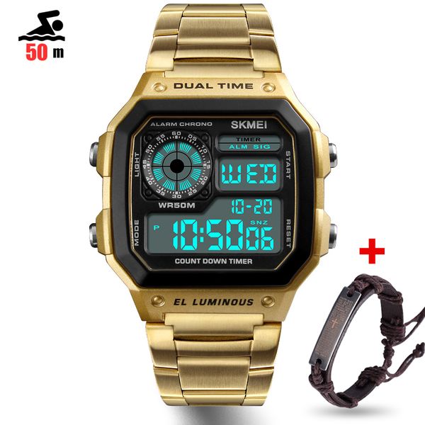 

50m waterproof women men watches count down watch stainless steel fashion digital wristwatches male clock relogio masculino, Slivery;brown