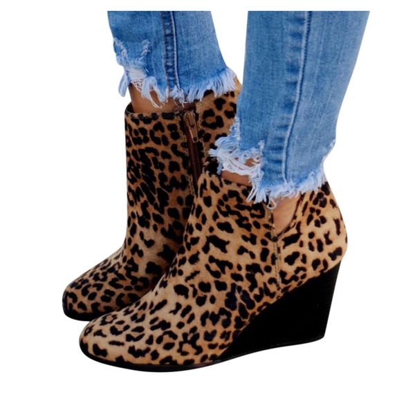 

2020 leopard print women suede ankle boots high heel wedges winter wild short boot lady classic rome style pointed shoes 14, Black