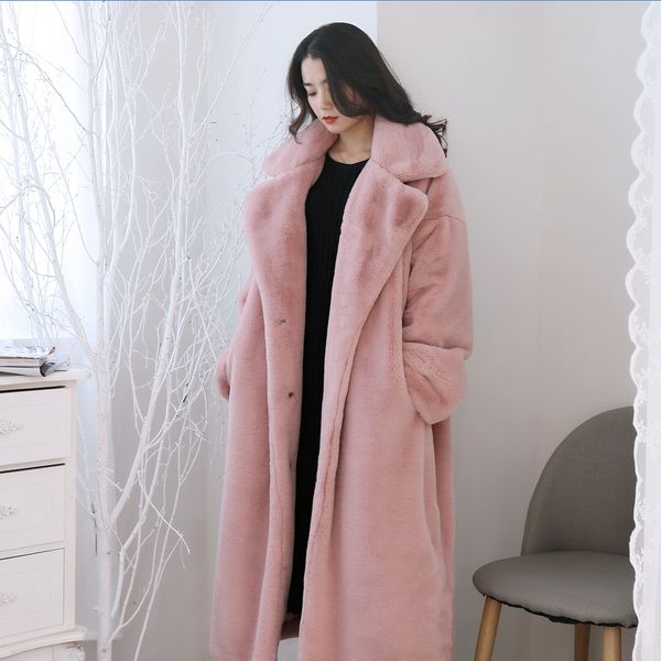 

women's fur & faux pink coat 2021 winter thicken warm mink female luxury overcoat plus size furry woman long coats, Black