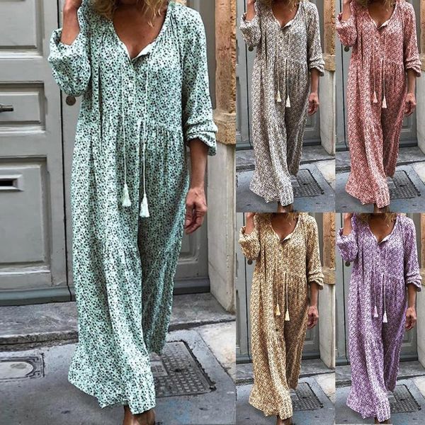

women boho print v neck dress 2019 new plus size autumn long sleeve loose sundress ladies maxi dress vintage vestidos female, Black;gray