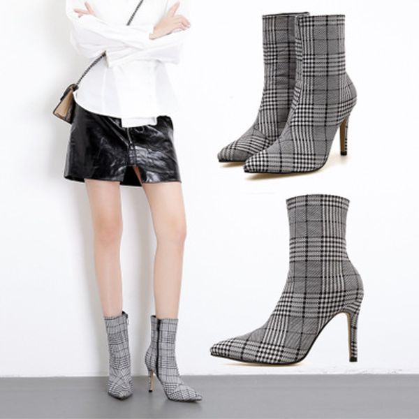 

fashion new simple plaid booties pointed side zipper stiletto short boots women, Black