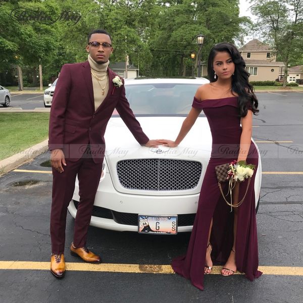 

elegant off the shoulder burgundy side split prom dresses 2019 simple boat neck satin long african plus size formal party gowns, White;black
