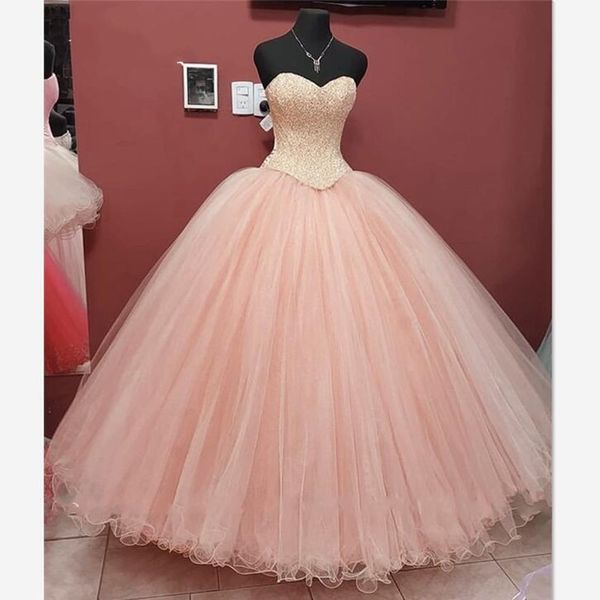 Real Imagem Blush Rosa Prom Quinceanera Vestidos 2020 Barato Beads Lantejoula Cristal Drapeado Tulle Vestiods De Novia Vestido de Festa Para O Doce 16 meninas