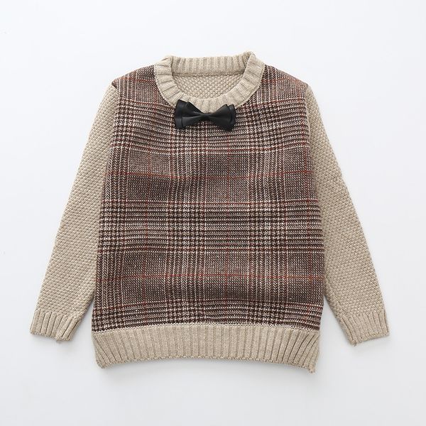 

british style 2020 winter little boys fashion plaid bowtie thick plus velvet knitted sweater children knitwear baby sweater, Blue