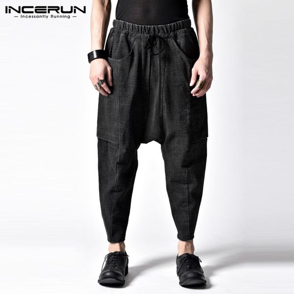 

incerun men harem pants hip-hop pockets joggers streetwear drop crotch plain baggy fashion casual pants 2019 trousers men s-5xl, Black