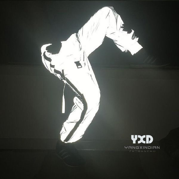 

new man night reflective sport pants men breathable side zipper jogger pants couple punk hip hop male streetwear trousers, Black