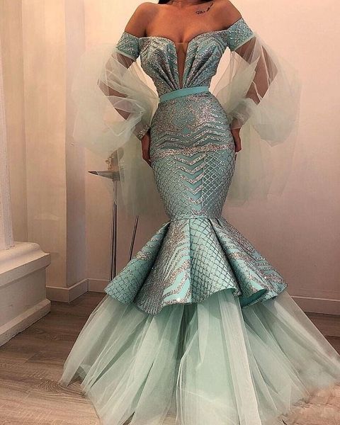 

Mermaid Prom Dresses Off The Shoulder Lace Glitter Belt Custom Made Long Sleeve Evening Gowns Zuhair Murad Formal Party Dress A69