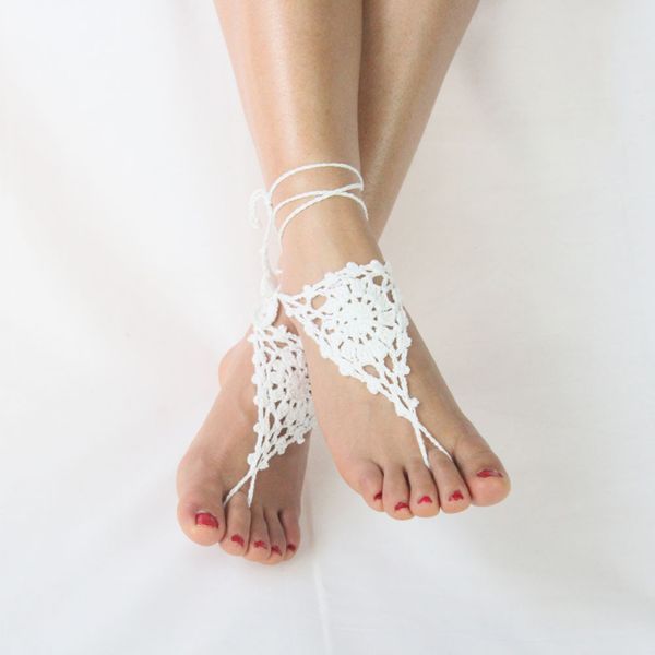 

lady cotton knit crochet barefoot sandals anklet chain foot bracelet, Red;blue