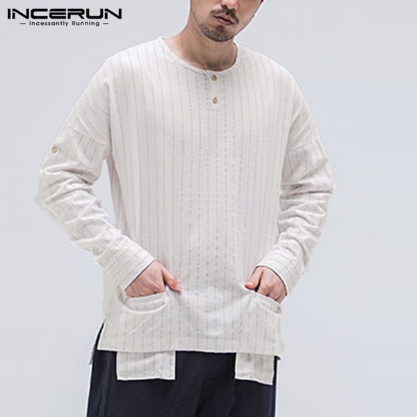 

incerun fashion long sleeve shirt men striped o neck pullovers leisure vintage pockets casual camisa masculina men shirts 2019, White;black