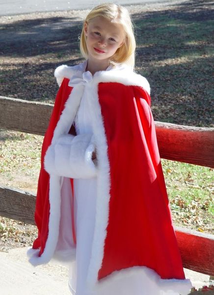 Longo Vermelho com capuz Flores Meninas Cape Com Cloaks casamento para White Christmas do Marfim Faux Fur casamento Inverno Wraps Jacket regalos baratas do costume