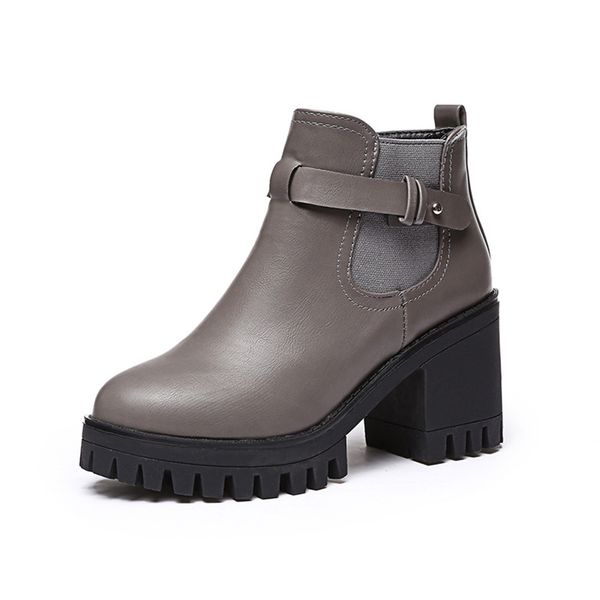 

New Winter Women Black medium Heel Boots Buckle Gothic Punk Ankle Boots Shoes, Grey