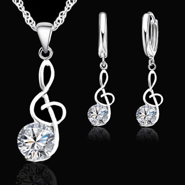

2019 women musical notes cubic zirconia inlaid pendant necklace huggie earrings jewelry set, Silver