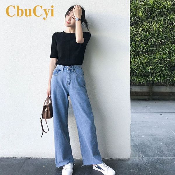 

2019 spring fashion women wide-leg jeans blue washed vintage denim pants women loose casual tassels cotton denim jeans trousers