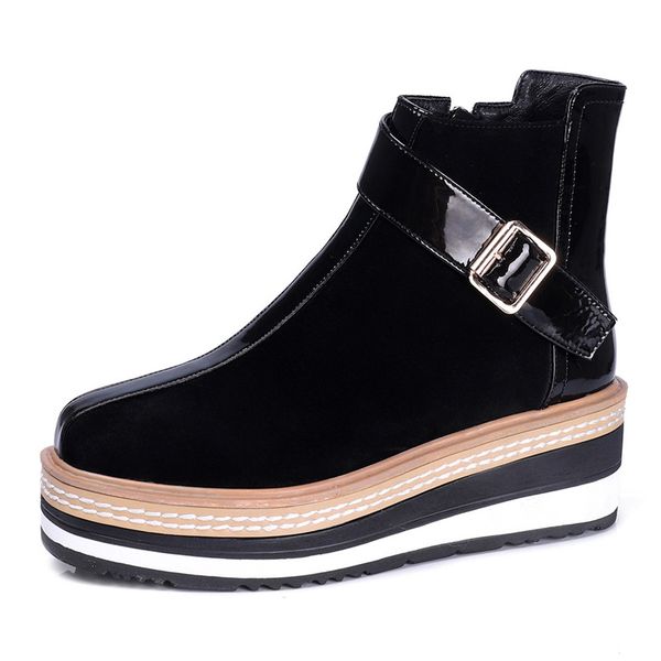 

2020 cow suede leather women ankle boots autumn winter riding boots zipper shoes woman high wedges heels female short, Black