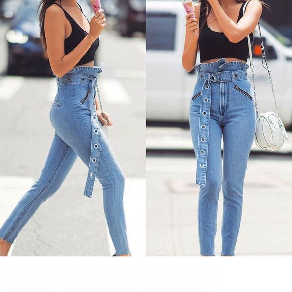 

streetwear fashion belt jeans bud high waist woman casual women jeans pants 2018 autumn winter skinny pencil jeans female, Blue