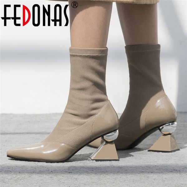 

fedonas women 2019 new autumn winter warm mid-calf boots strange tight high heels socks boots genuine leather party shoes woman, Black