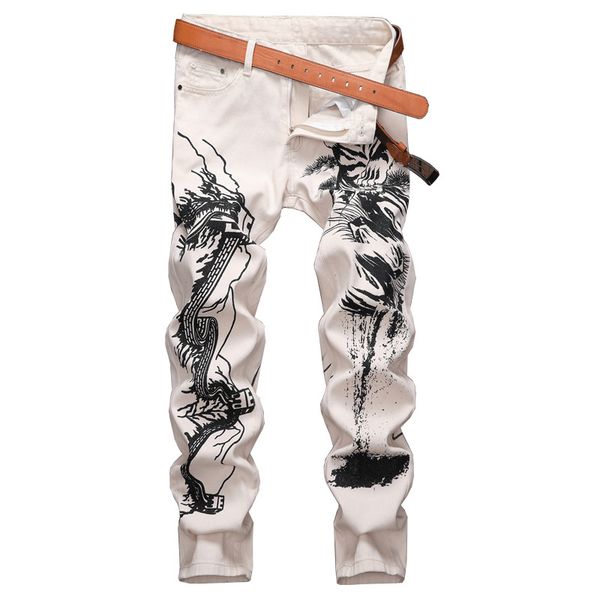 

dragon print casual jeans pants men slim fit denim trousers jean joggers autumn 2020 men hip hop streetwear pant, Blue