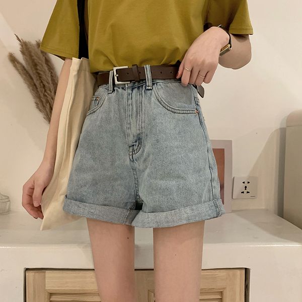 

2020 summer women's new korean high waist curly denim shorts wild loose student wide leg pants pants, Blue