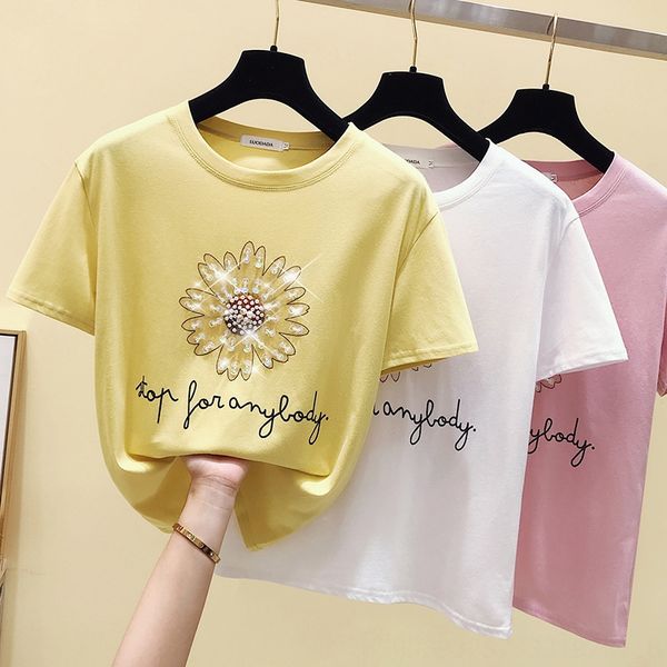 

2020 pearl round collar daisy short-sleeved t- pearl t-shirt female base shirt white inner ins fashion