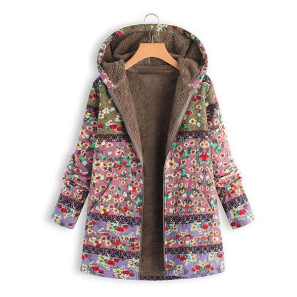 

womens coat winter warm outwear floral print hooded pockets vintage oversize female coats women's casual outwear plus size, Tan;black