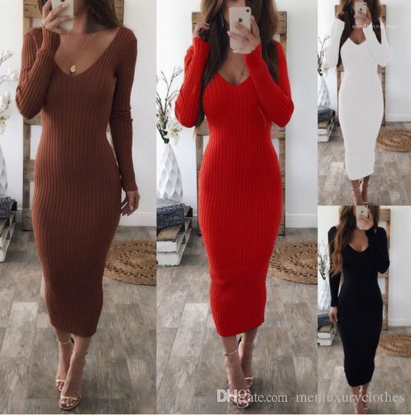 

bodycon long dress autumn winter knitted long sleeved striped dresses clothing double v women, Black;gray